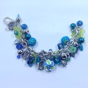 Beautiful Spring Blue and Green Floral Charm Bracelet Handmade